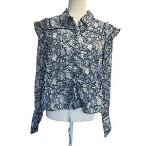 Free People “Chambray Combo” Floral Ruffle Blouse – NWT – Size M – $128 Retail